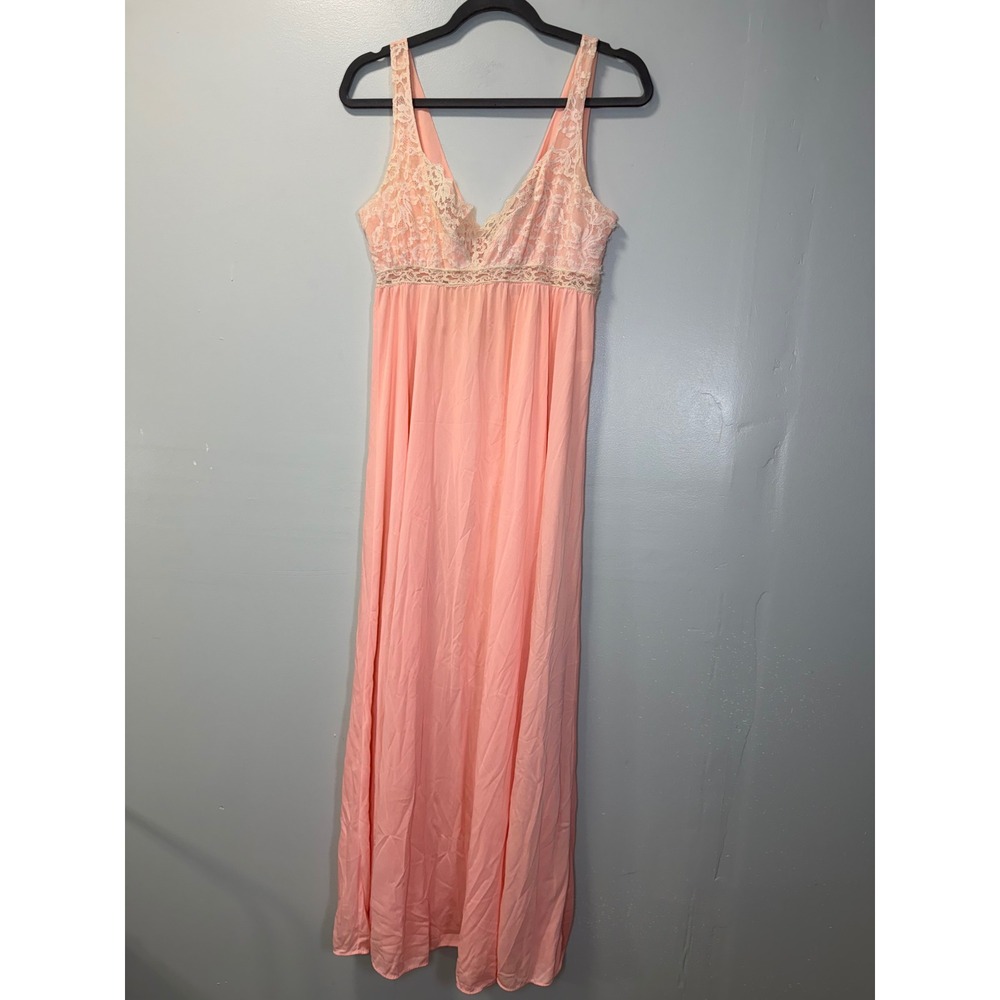 Vintage Olga 1970s Peach Lace Empire Waist Nightgown Maxi Dress Pink